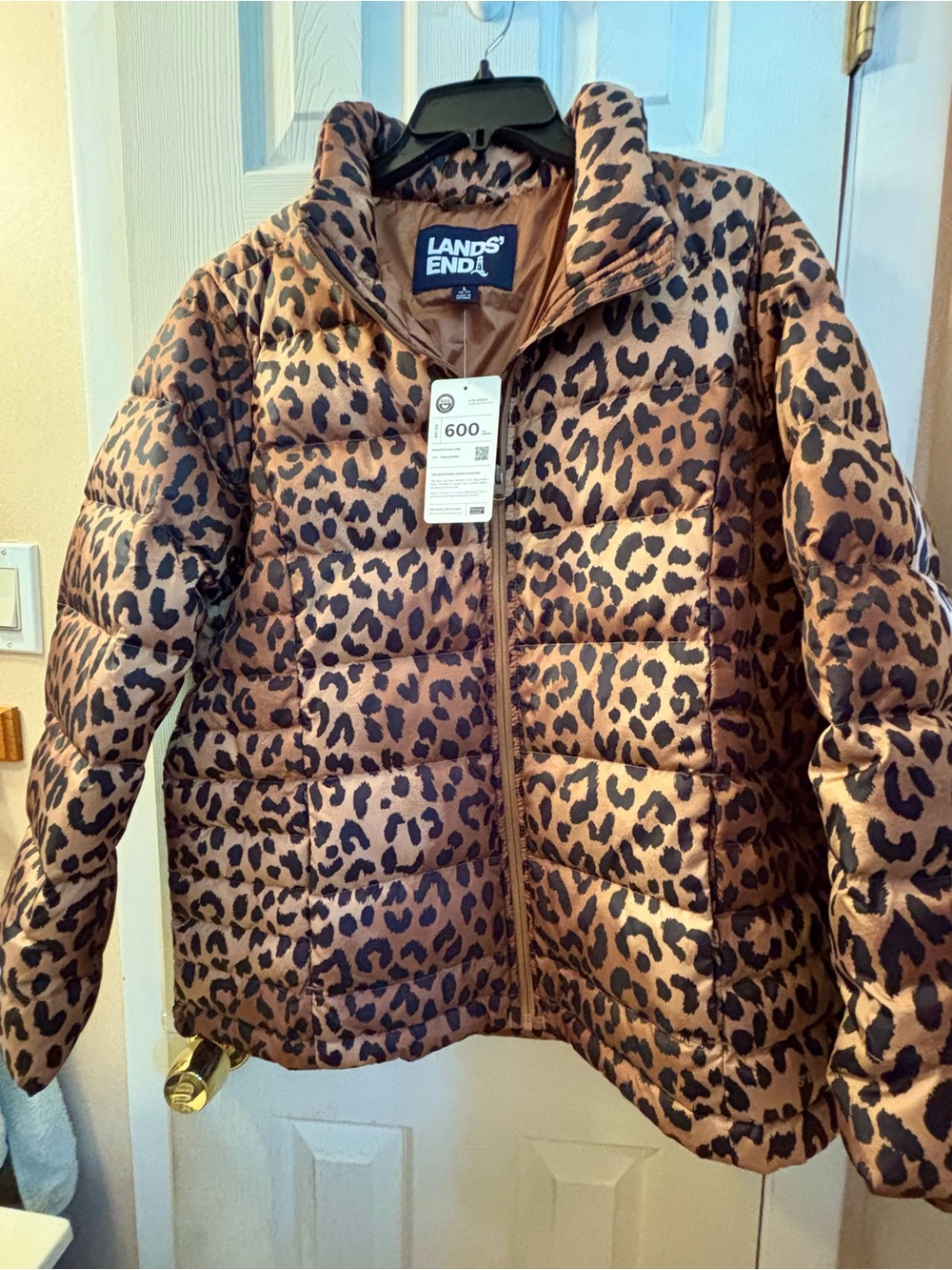 Lands' End Women's Leopard-Print Puffer Jacket in Brown and Black